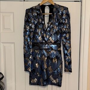 Zhivago Blue and Silver Sequin Long Sleeve Dress